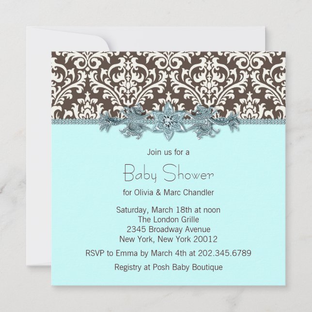 Aquamarin Blue Brown Damask Baby Dusche Einladung (Vorderseite)