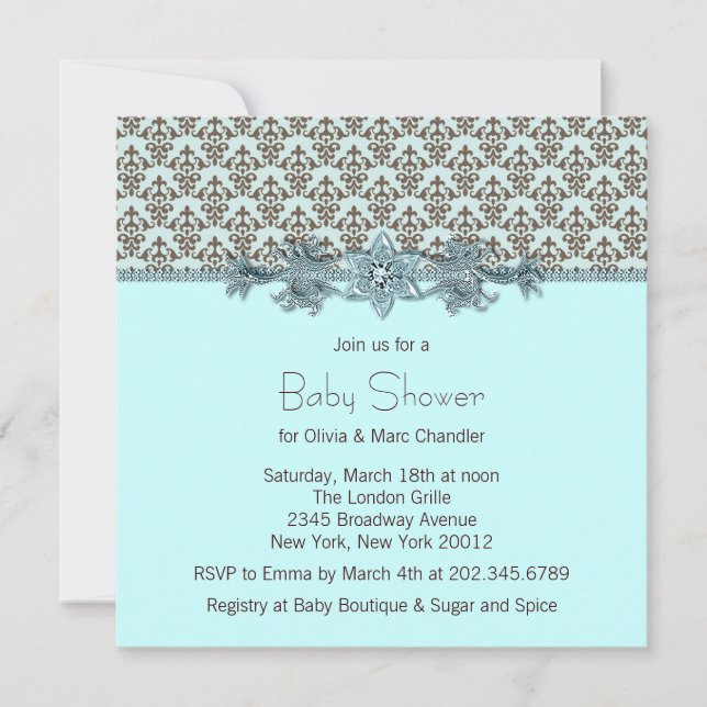 Aquamarin Blue Brown Damask Baby Dusche Einladung (Vorderseite)