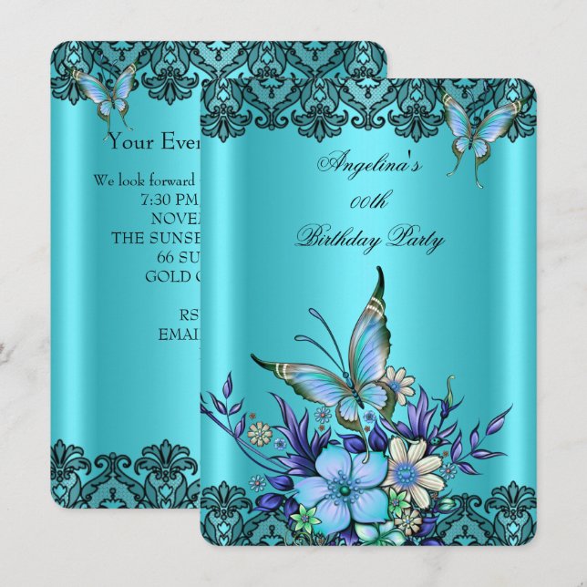 Aquamarin Blue Butterfly Floral Black Lace Geburts Einladung (Vorne/Hinten)