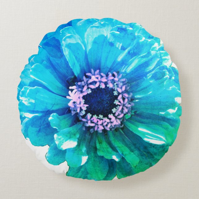 Aquamarin Blue Daisy, blaue Blume Rundes Kissen (Vorderseite)
