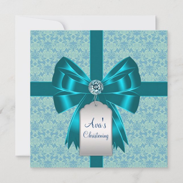 Aquamarin Blue Damask Baby Taufe Christening Einladung (Vorderseite)