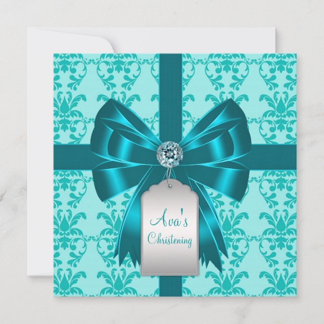 Aquamarin Blue Damask Baby Taufe Christening Einladung (Vorderseite)