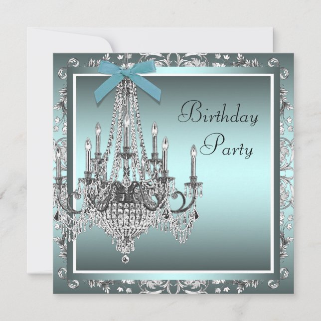 Aquamarin Blue Damask Candelier Birthday Party Einladung (Vorderseite)