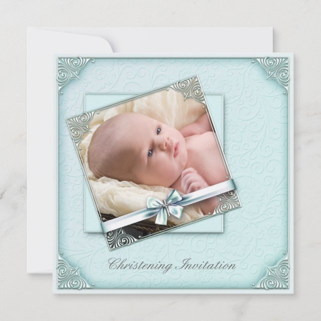 Aquamarin Blue Damask Girl Foto Christening Einladung (Vorderseite)
