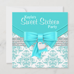 Aquamarin Blue Damask Sweet 16 Party Einladung