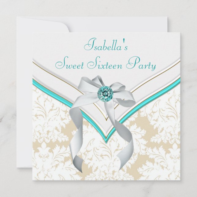 Aquamarin Blue Damask Sweet 16 Party Einladung (Vorderseite)
