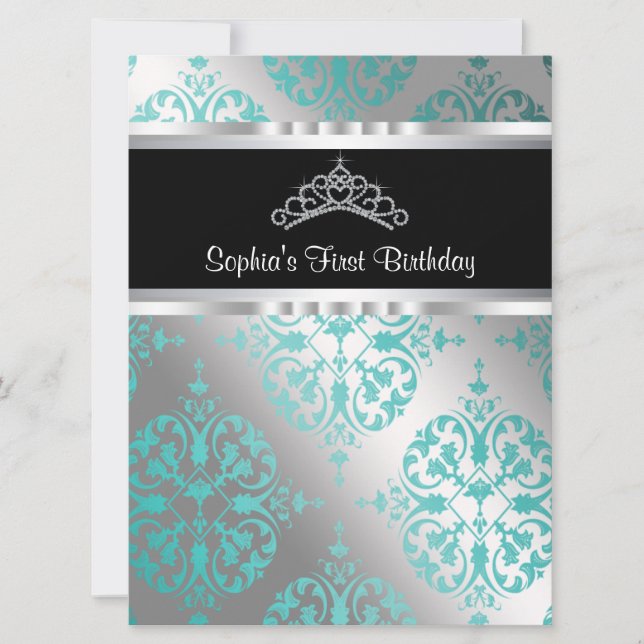 Aquamarin Blue Damask Tiara Princess Erster Geburt Einladung (Vorderseite)