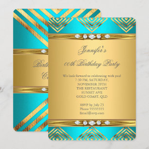Aquamarin Blue Deko Stripe Gold Diamond Party Einladung