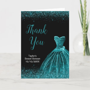 Aquamarin Blue Dress Imitate Glitzer Sweet 16 Birt Dankeskarte