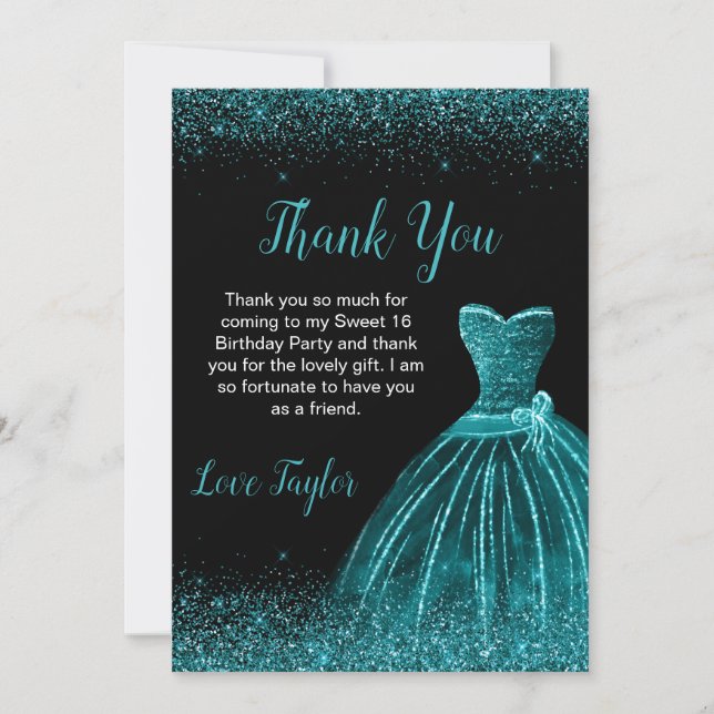 Aquamarin Blue Dress Imitate Glitzer Sweet 16 Birt Dankeskarte (Vorderseite)