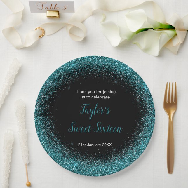 Aquamarin Blue Dress Imitate Glitzer Sweet 16 Birt Pappteller (Hochzeit)