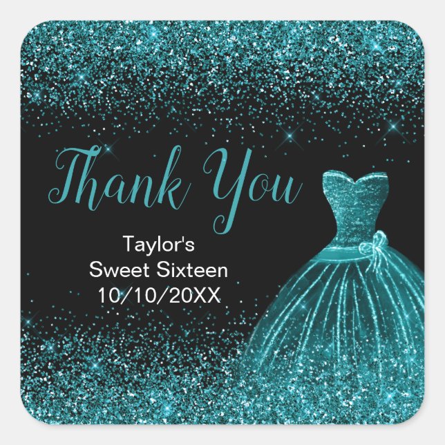 Aquamarin Blue Dress Imitate Glitzer Sweet 16 Birt Quadratischer Aufkleber (Vorderseite)