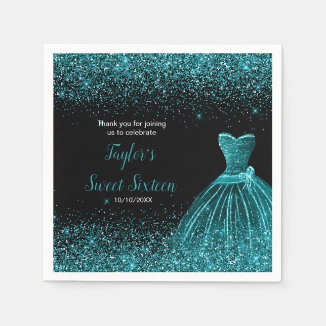 Aquamarin Blue Dress Imitate Glitzer Sweet 16 Birt Serviette (Vorderseite)