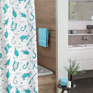 Aquamarin Blue Fishing Seamless Muster Mit Monogra Duschvorhang