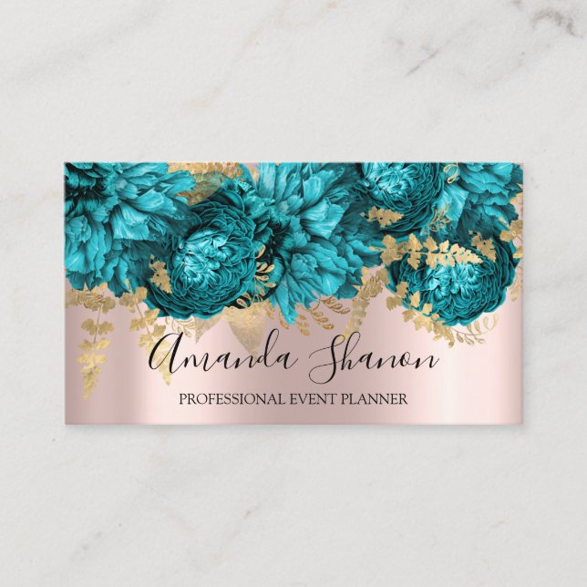 Aquamarin Blue Flowers Rose Gold Logo Event Plane Visitenkarte (Vorderseite)