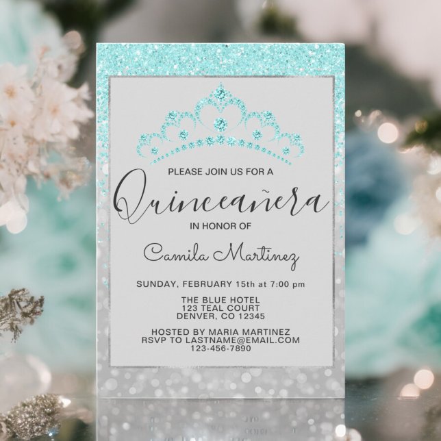 Aquamarin Blue Girly Glitzer Sparkle Quinceanera Einladung (Von Creator hochgeladen)