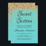 Aquamarin Blue Girly Glitzer Sparkle Sweet 16 Gebu Einladung<br><div class="desc">Aquamariner Aqua Blue Girly Gold Glitzer und Sparkle 16 . Geburtstag Geburtstagsparty Einladung. Diese Einladung ist perfekt für eine türkisfarbene Girly Sweet 16 Geburtstagsparty. Bitte kontaktieren Sie den Designer,  um passende Artikel zu erhalten.</div>