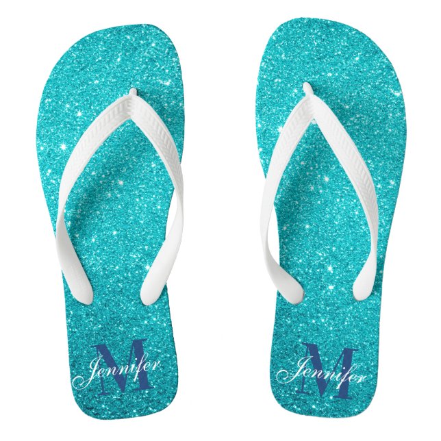 Aquamarin Blue Glitzer Glam Mit Monogramm Flip Flops (Fußbett)