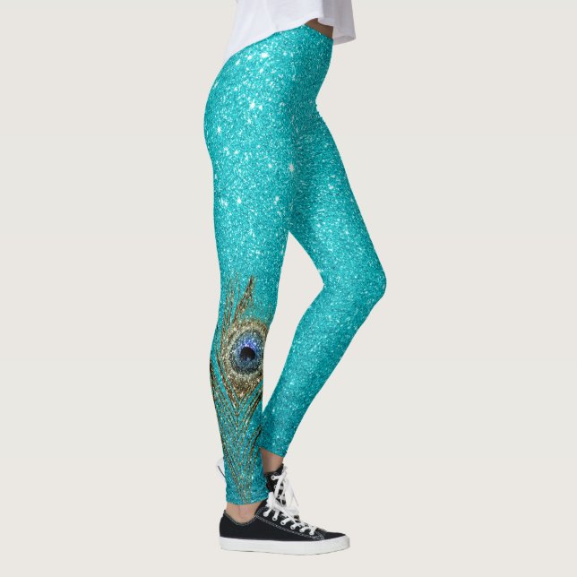 Aquamarin Blue Glitzer Glam mit Peacock Feather Leggings (Rechts)