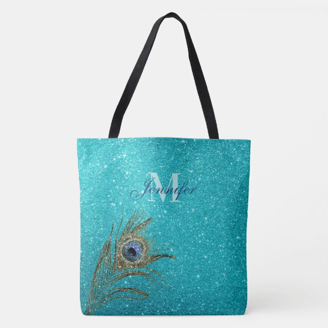 Aquamarin Blue Glitzer Glam mit Peacock Feather Ta Tasche (Vorderseite)