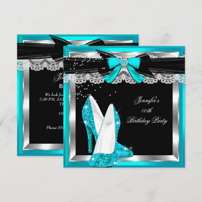 Aquamarin Blue Glitzer Hi Heelses Silver Birthday  Einladung (Vorne/Hinten)