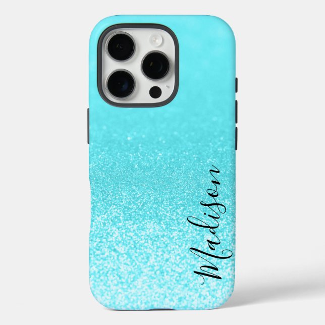 Aquamarin Blue Glitzer Lights Personalisiert iPhone 16 Pro Hülle (Rückseite)