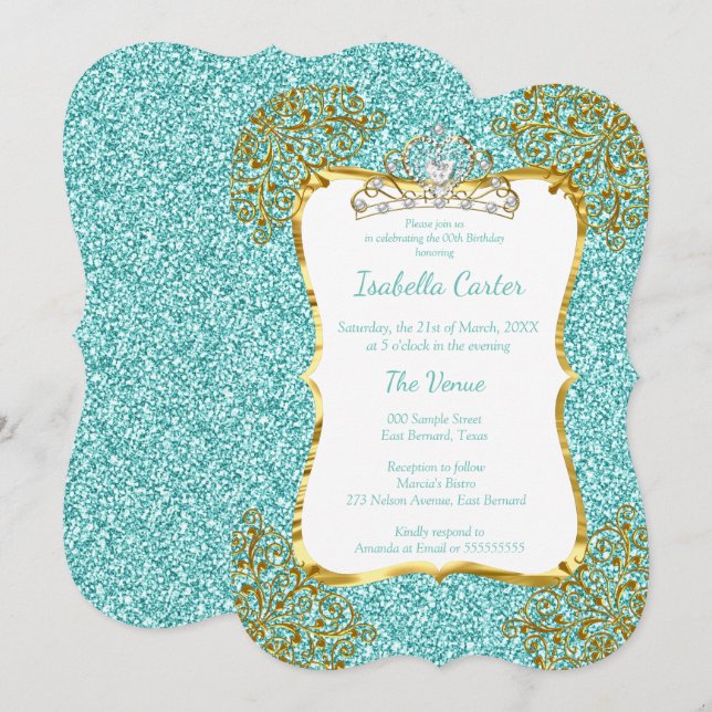 Aquamarin Blue Glitzern Birthday Party Gold White  Einladung (Vorne/Hinten)