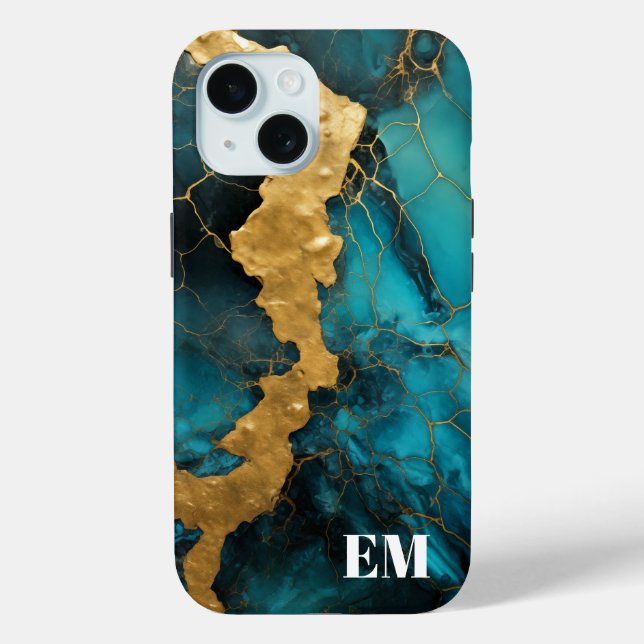 Aquamarin Blue Gold Abstrakt Marble Monogram Case-Mate iPhone Hülle (Rückseite)