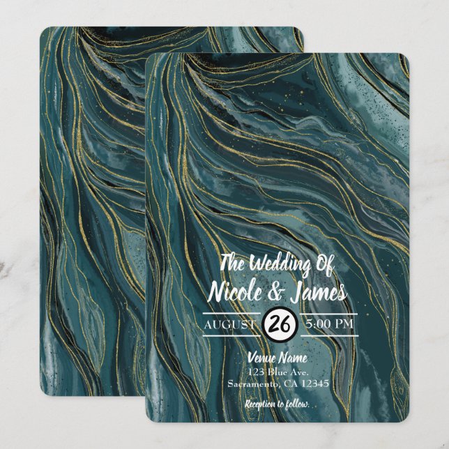Aquamarin Blue Gold Abstrakt Watercolor Hochzeit Einladung (Vorne/Hinten)