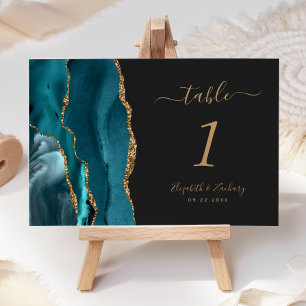 Aquamarin Blue Gold Agate Dark Wedding Tischnummer