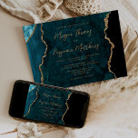 Aquamarin Blue Gold Agate Script Hochzeit Einladung<br><div class="desc">Der links Rand dieser eleganten,  modernen Hochzeitseinladung besticht durch eine aquamarine,  blaue Aquarellgrenze mit vergoldetem Imitat-Glitzer. Der anpassbare Text kombiniert goldfarbene moderne Skripte,  Copperplate und kursiv Schriftart. Auf der Rückseite ist ein aquamarines und goldenes Design zu sehen.</div>