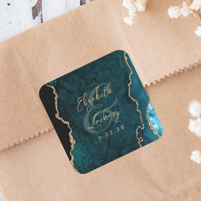Aquamarin Blue Gold Agate Script Hochzeit Quadratischer Aufkleber (Von Creator hochgeladen)