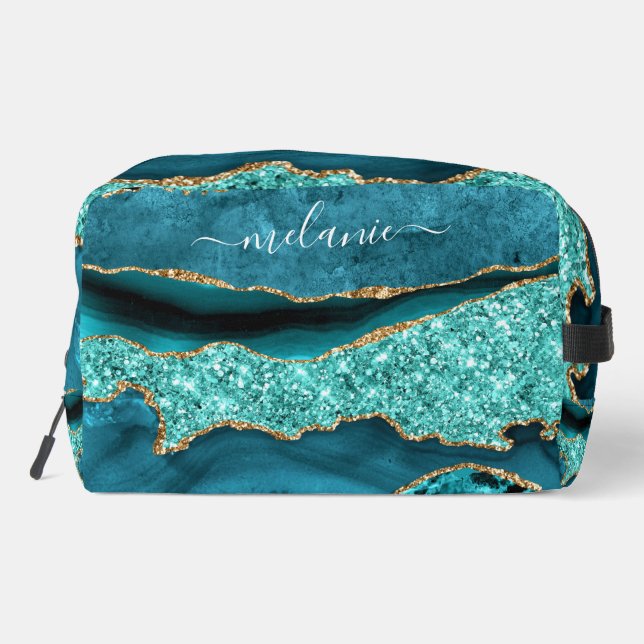Aquamarin Blue Gold Aqua Türkis Benutzerdefiniert  Waschbeutel (Rückseite)