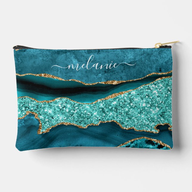 Aquamarin Blue Gold Aqua Türkis Individuelle Name Zubehörtasche (Rückseite)