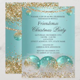 Aquamarin Blue Gold Baubles Friendsmas Party Einladung