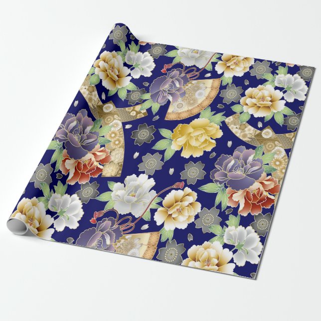 Aquamarin Blue Gold Blume Elegantes asiatisches Mu Geschenkpapier (Ungerollt)