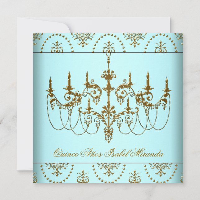 Aquamarin Blue Gold Chandelier Quinceanera Einladung (Vorderseite)