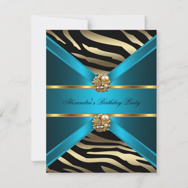 Aquamarin Blue Gold Elegante Zebra Black Birthday  Einladung (Vorderseite)