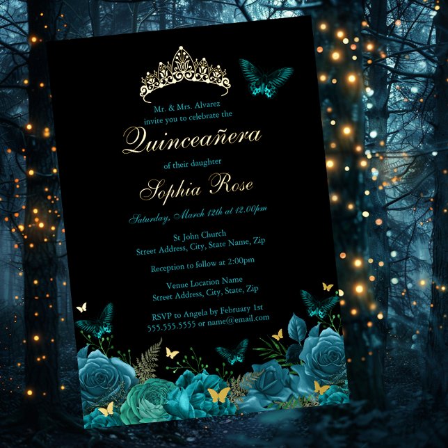 Aquamarin Blue Gold Floral Butterfly Tiara Folieneinladung (Von Creator hochgeladen)