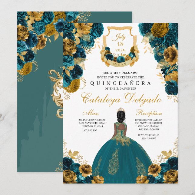Aquamarin Blue & Gold Floral Elegante Quinceñera Einladung (Vorne/Hinten)