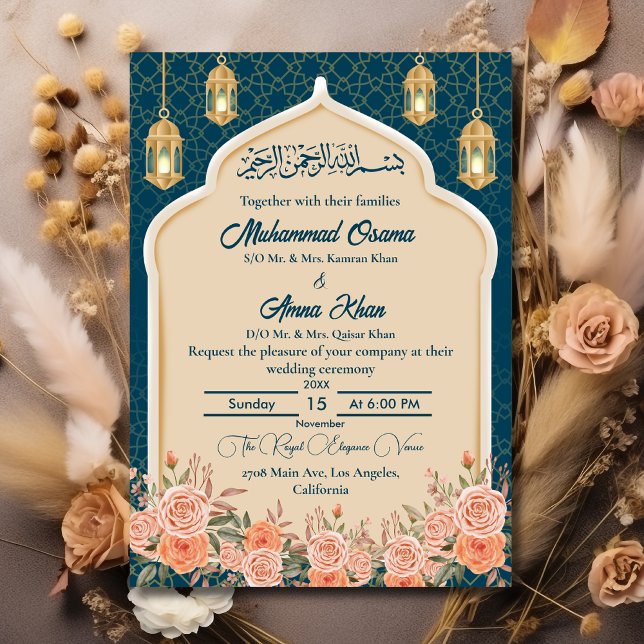 Aquamarin Blue Gold Floral Islamische Hochzeit Einladung (Von Creator hochgeladen)