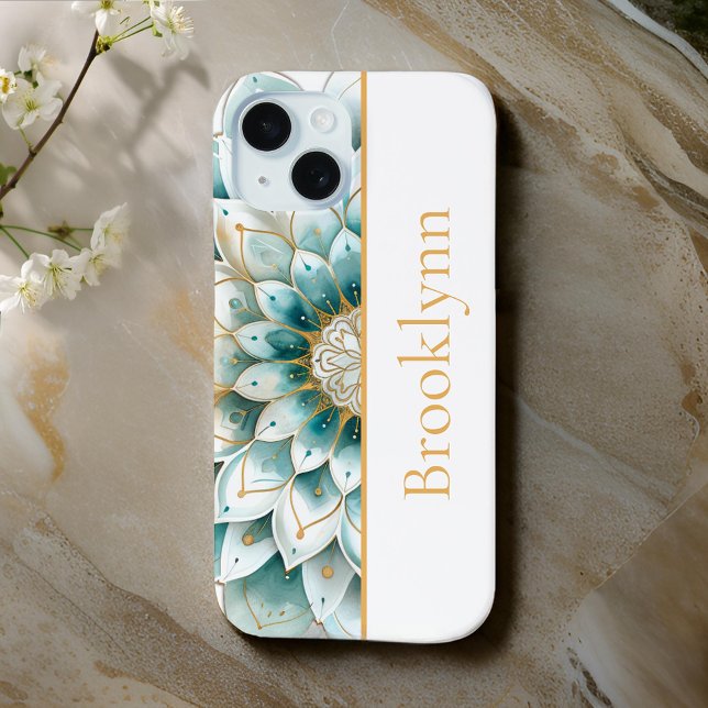 Aquamarin Blue Gold Floral Mandala Personalisiert Case-Mate iPhone Hülle (Von Creator hochgeladen)