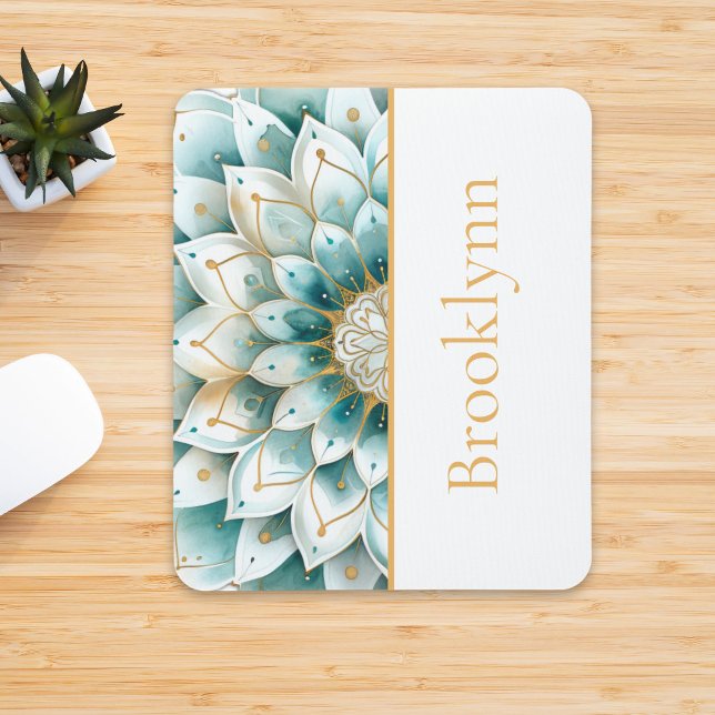 Aquamarin Blue Gold Floral Mandala Personalisiert Mousepad (Von Creator hochgeladen)