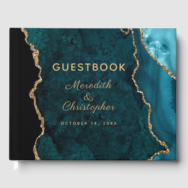 Aquamarin Blue Gold Glitzer Agate Wedding Gästebuch (Vorderseite)