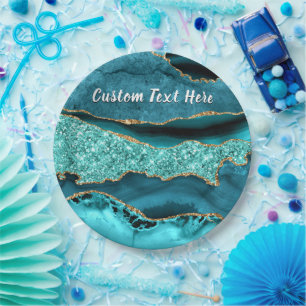 Aquamarin Blue Gold Glitzer Custom Text Paper Tell Pappteller