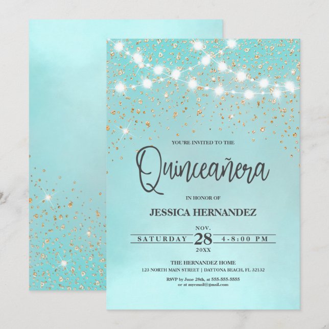 Aquamarin Blue Gold Glitzer Glitzern Lights Quince Einladung (Vorne/Hinten)