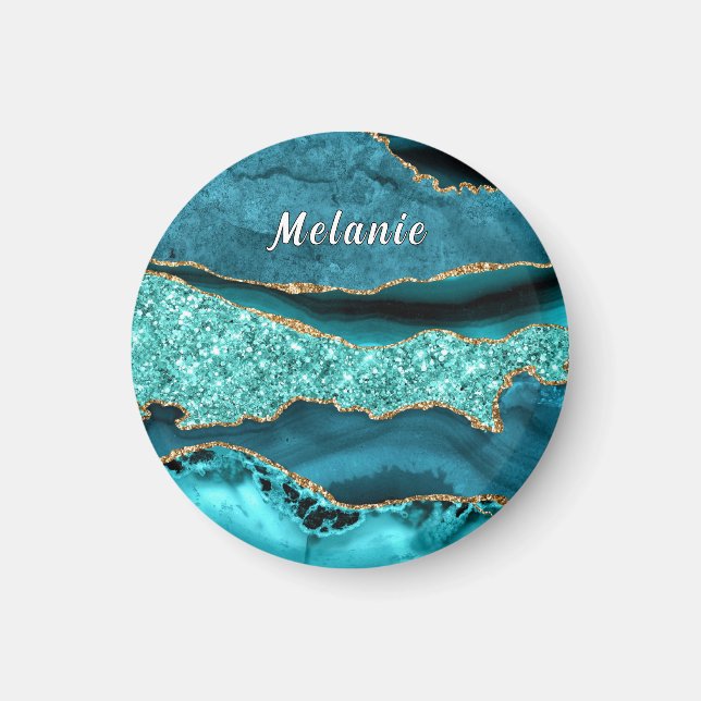 Aquamarin Blue Gold Glitzer Marble Individuelle Na Magnet (Vorne)