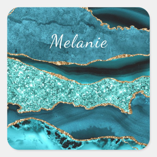 Aquamarin-Blue-Gold-Glitzer-Marmor-Individuelle Na Quadratischer Aufkleber (Vorderseite)