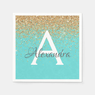 Aquamarin Blue Gold Glitzer & Sparkle Monogram Bir Serviette