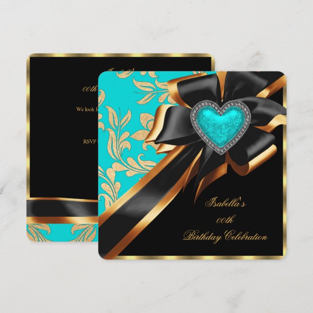 Aquamarin Blue Gold Heart Bow Black Birthday Party Einladung (Vorne/Hinten)